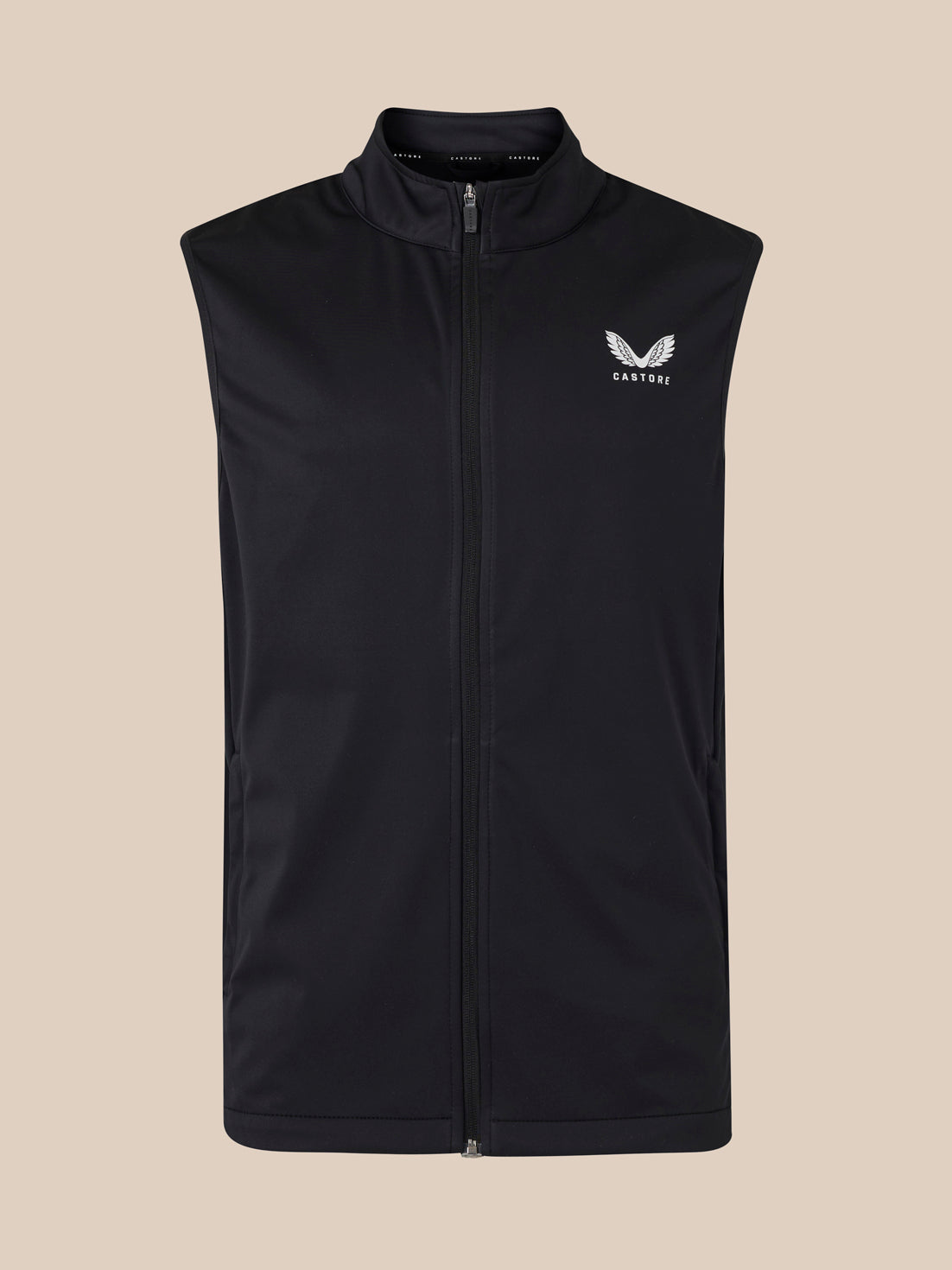 Front view of black unisex softshell gilet with full front zipper and small white logo on chest