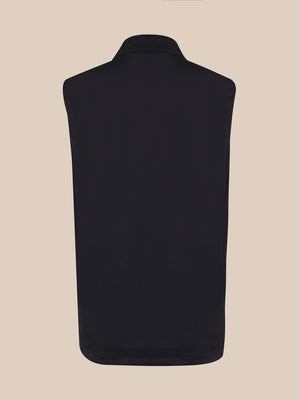 Back view of black unisex softshell gilet showing a clean sleeveless silhouette