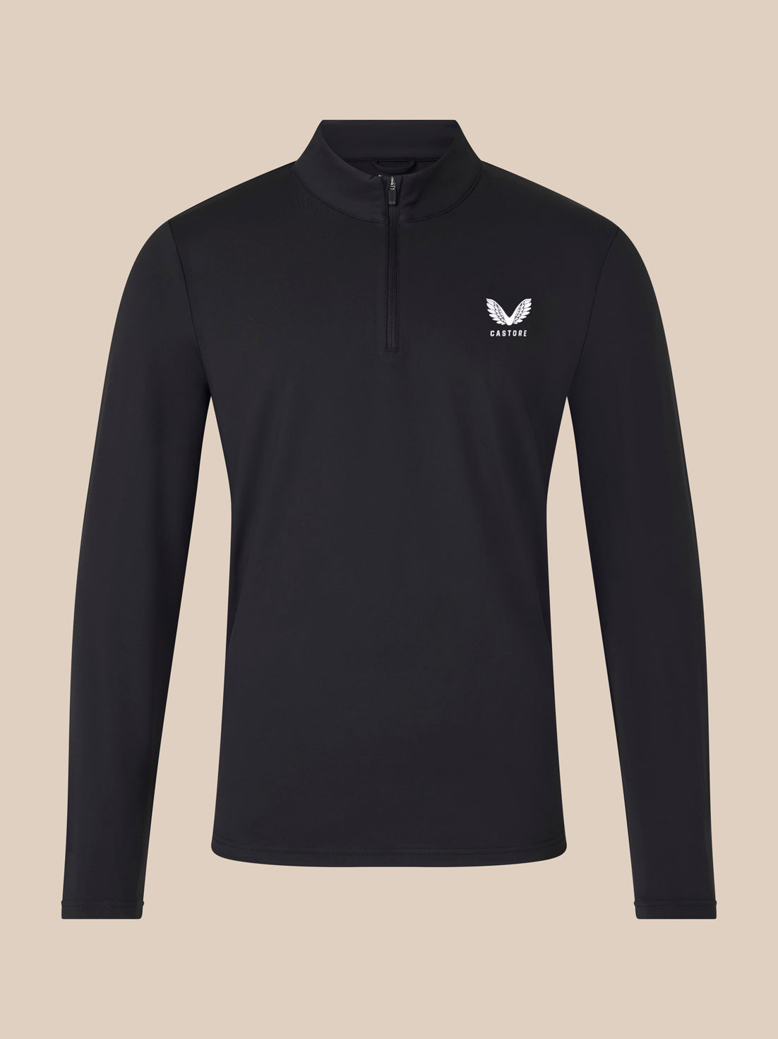 Front view of unisex black quarter-zip top with white logo on left chest.