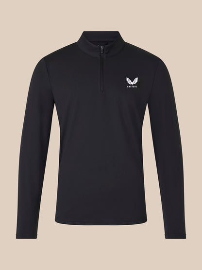 Front view of unisex black quarter-zip top with white logo on left chest.