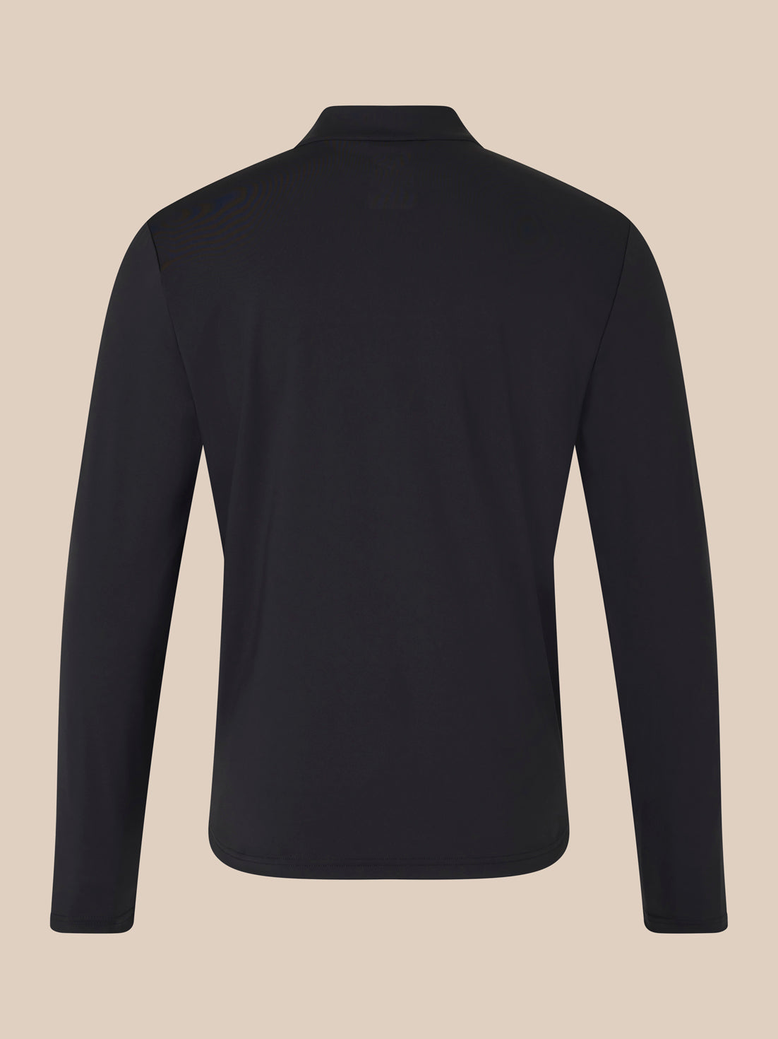 Back view of the black unisex quarter-zip top showing plain back panel and seam lines.