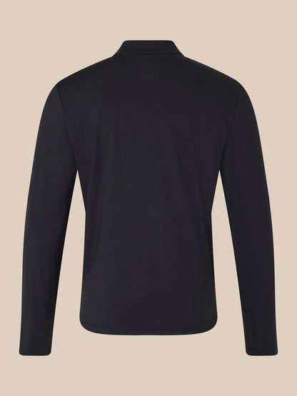 Back view of the black unisex quarter-zip top showing plain back panel and seam lines.