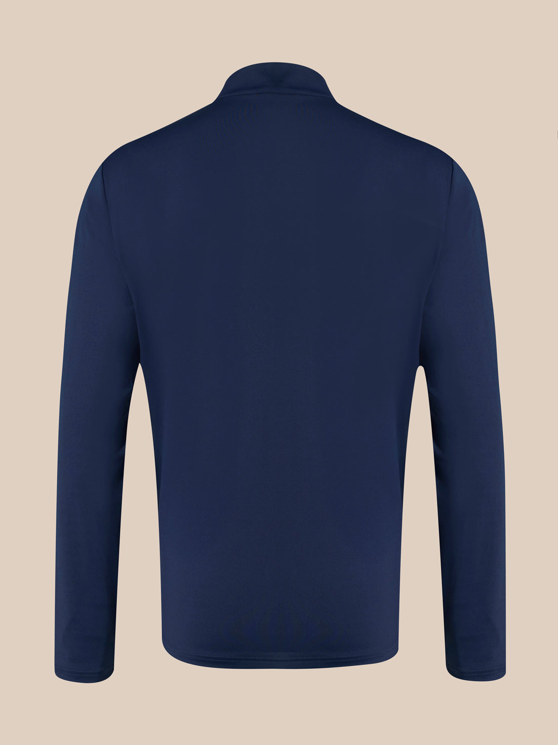 Back view of navy unisex 1/4 zip top with long sleeves and a high collar