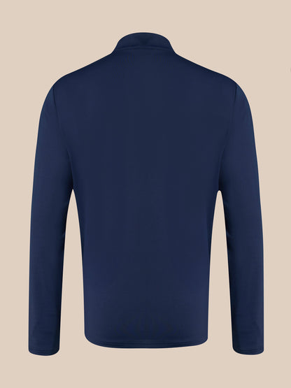 Back view of navy unisex 1/4 zip top with long sleeves and a high collar