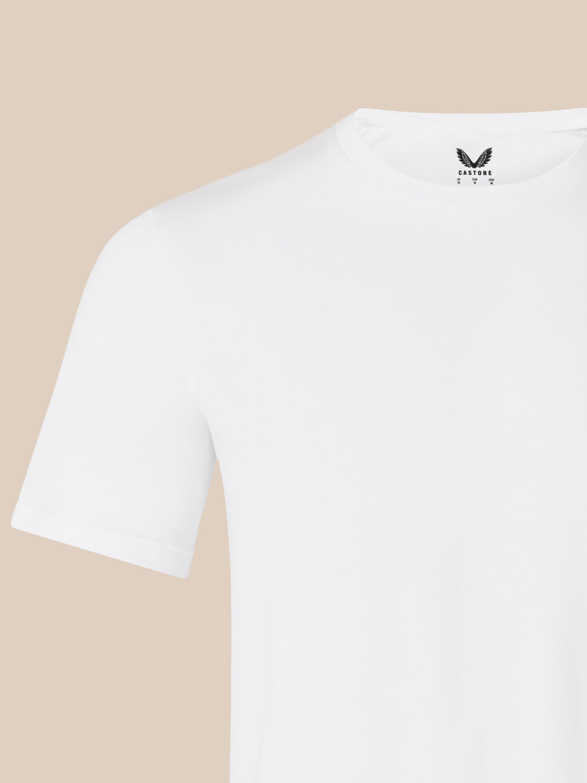 Back view of a white short sleeve cotton T shirt with visible shoulder seam and clean fabric