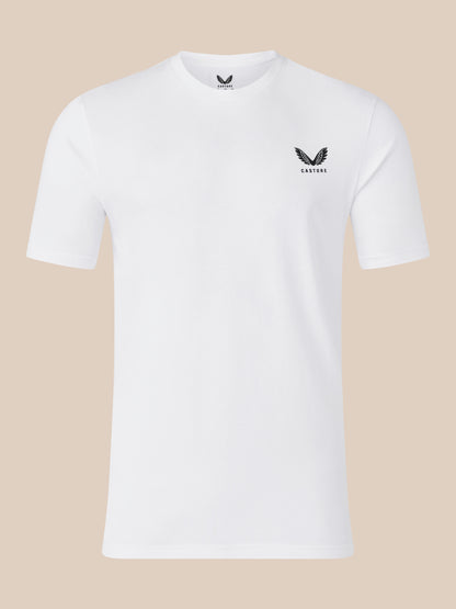 White unisex short sleeve cotton T shirt with a small black winged logo on the left chest