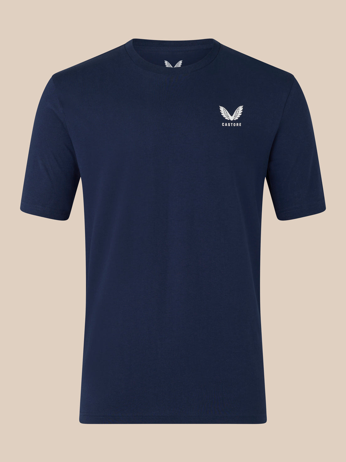Navy unisex short sleeve cotton T shirt with a screen printed Castore wing logo on the chest and a ribbed collar