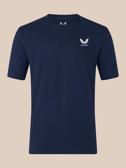 Navy unisex short sleeve cotton T shirt with a screen printed Castore wing logo on the chest and a ribbed collar