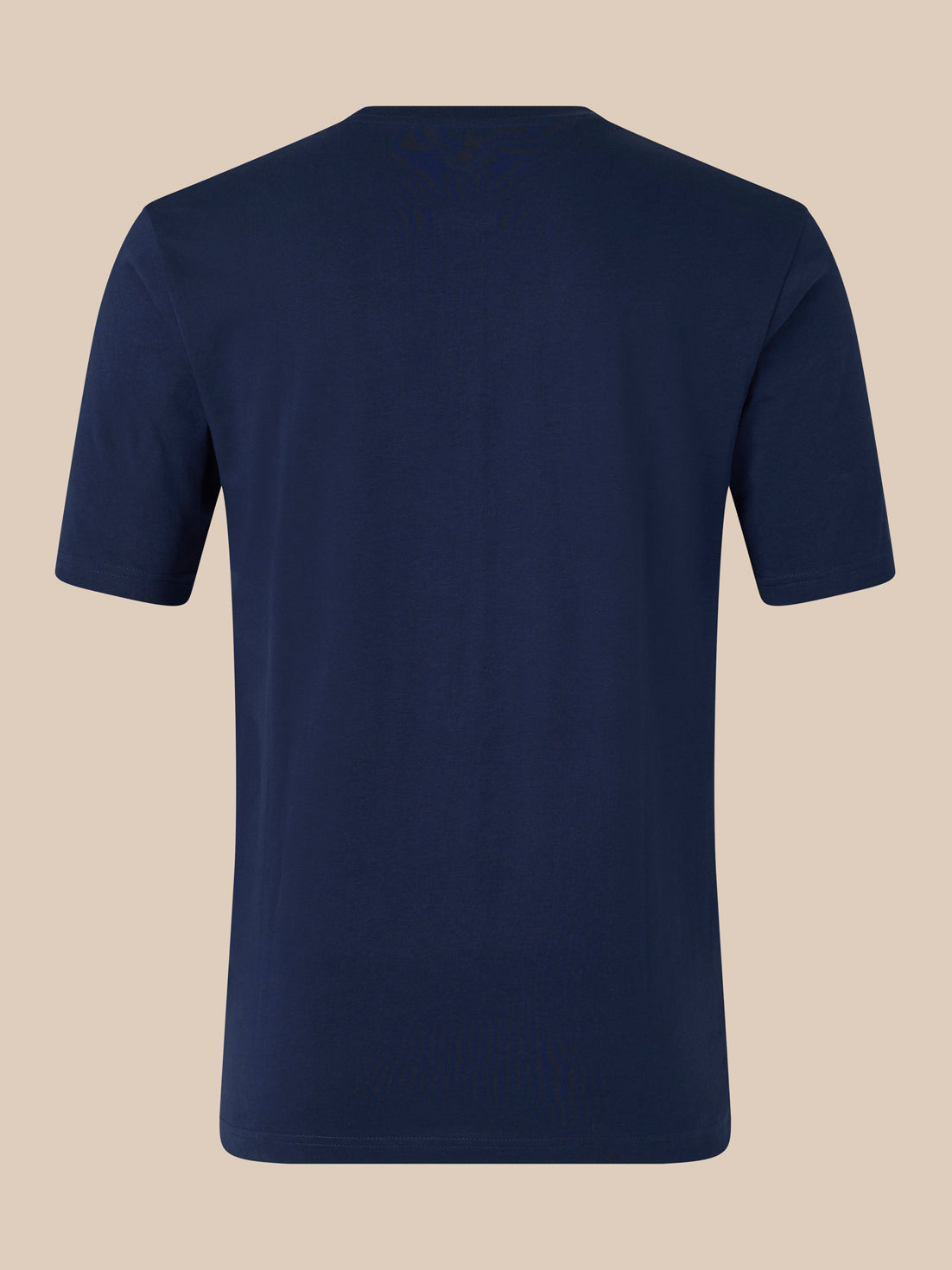 Rear view of a navy unisex short sleeve cotton T shirt showing a plain back without visible graphics