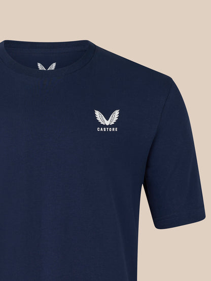 Navy unisex short sleeve cotton T shirt with a white Castore logo on the chest