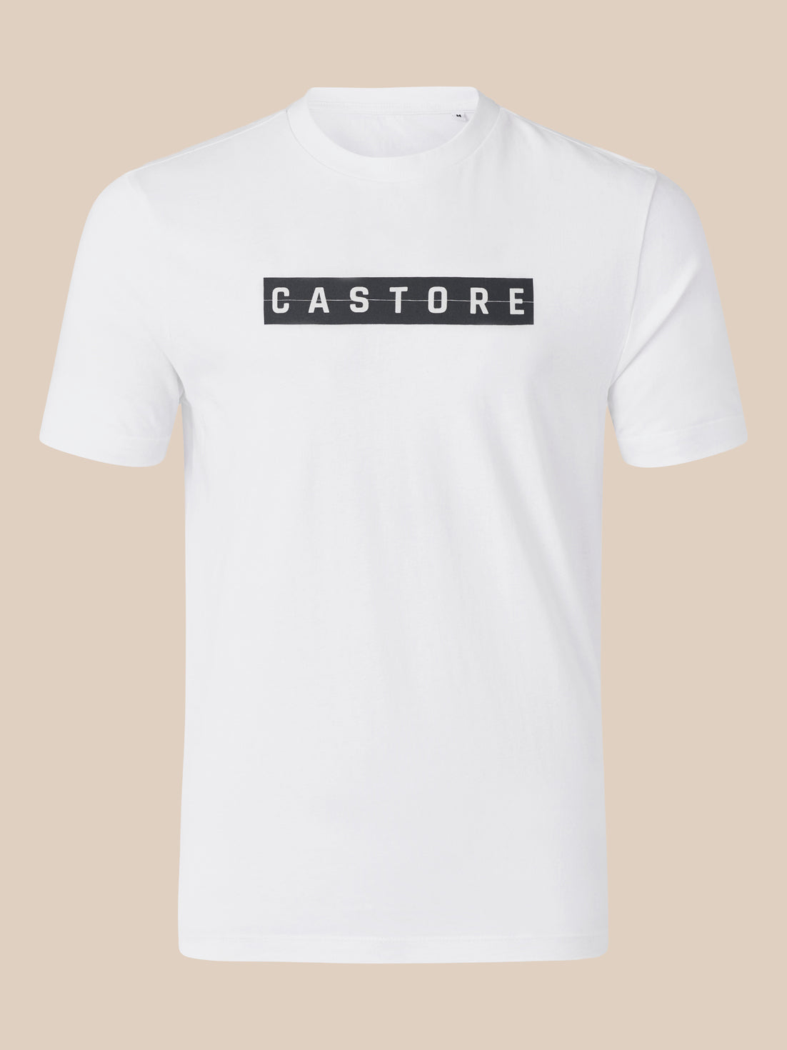 Brilliant white unisex short sleeve cotton T shirt with a black Castore logo across the chest