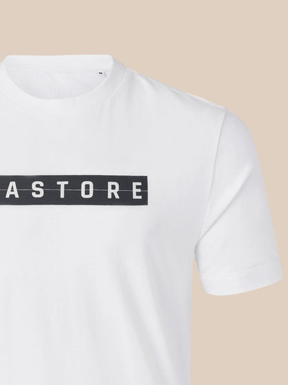 White T-shirt with bold CASTORE graphic across the chest, close-up view