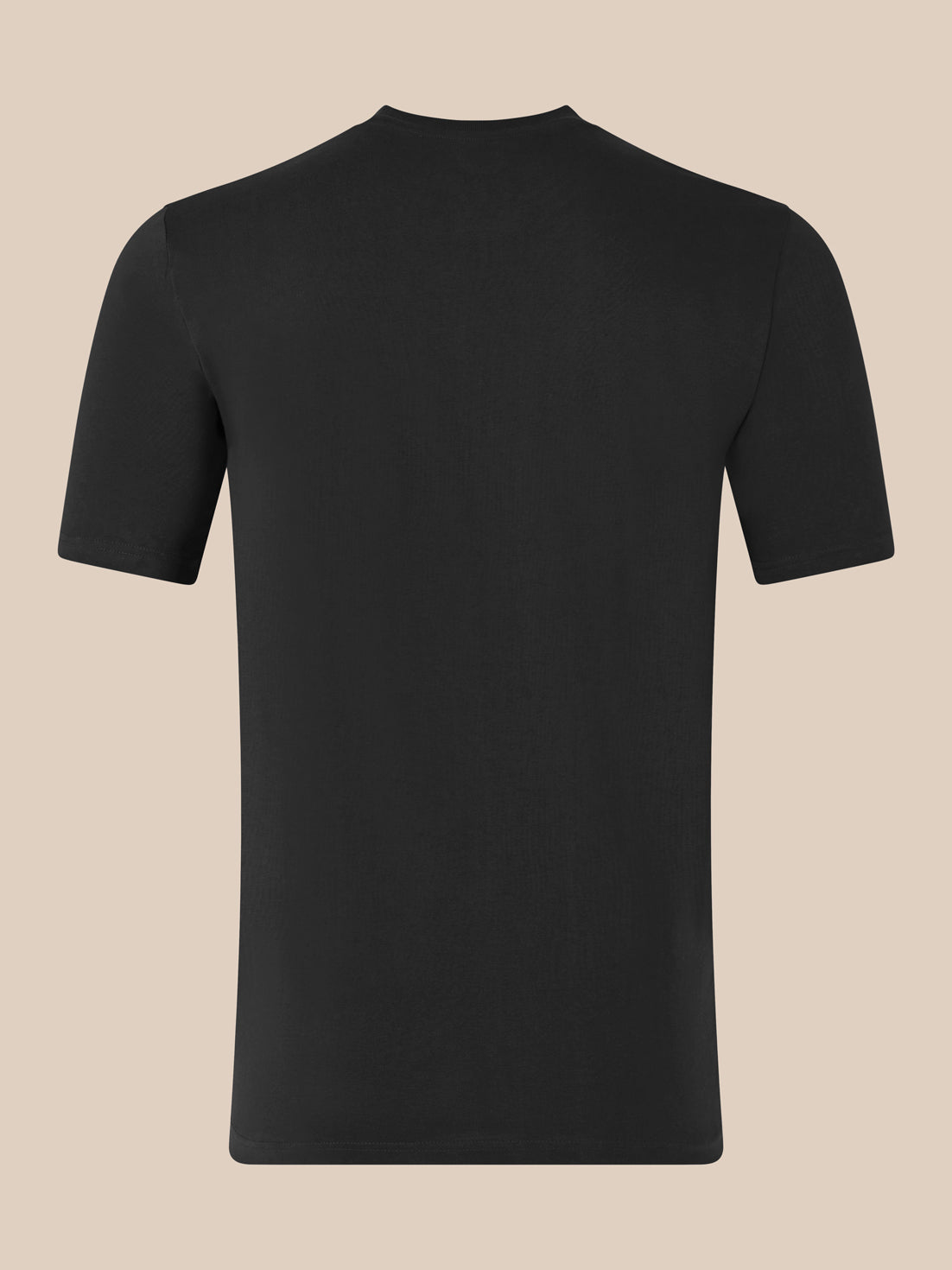 Back view of black unisex short sleeve cotton T-shirt with no graphics