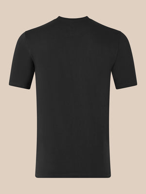 Back view of black unisex short sleeve cotton T-shirt with no graphics