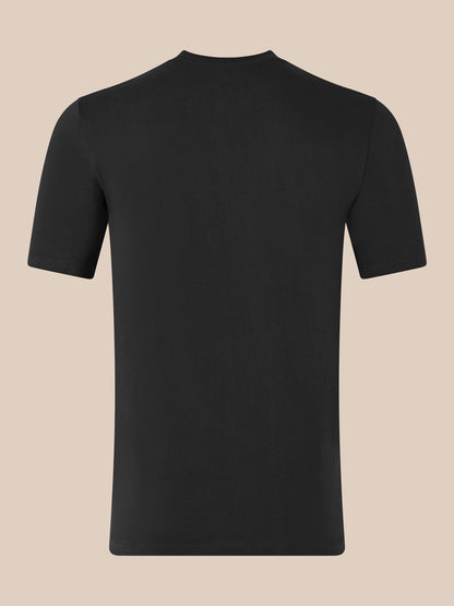 Back view of black unisex short sleeve cotton T-shirt with no graphics
