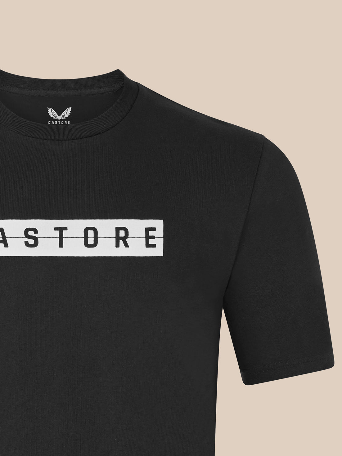 Front view of black T-shirt with a bold white CASTORE logo across the chest and a small neck logo