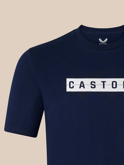 Navy unisex short sleeve cotton T shirt with a large white CASTORE graphic across the chest