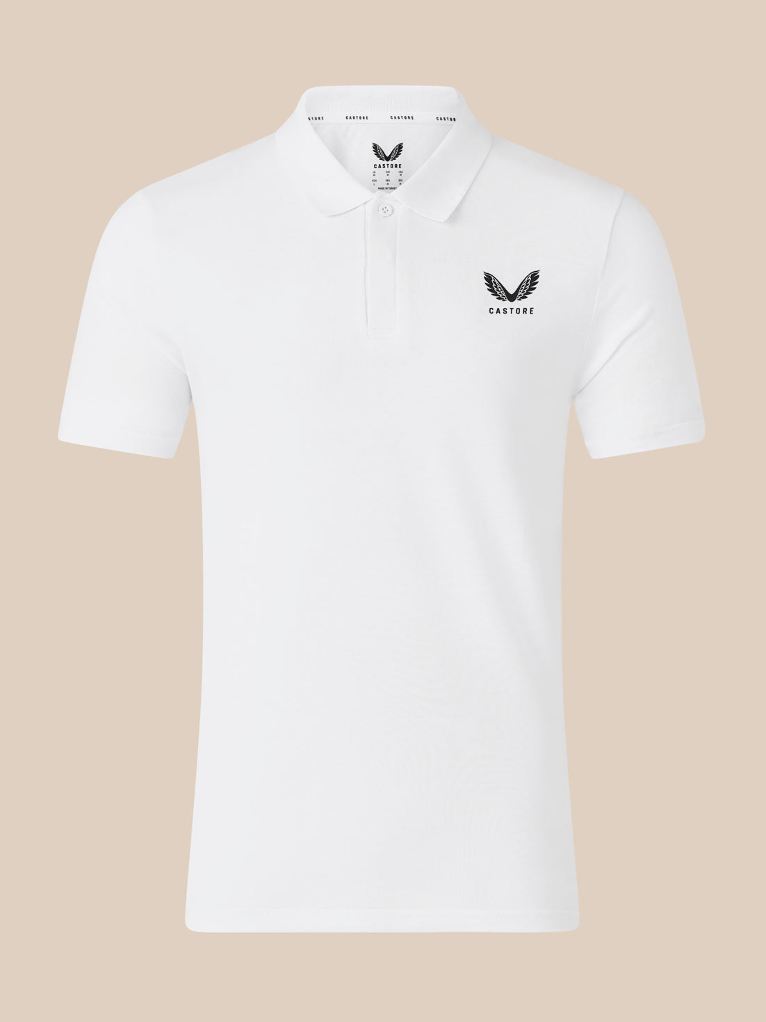 White short sleeve polo shirt with ribbed collar and subtle embroidered branding