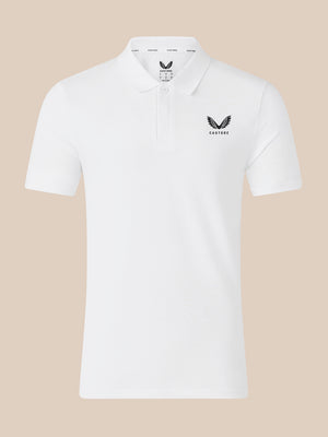 White short sleeve polo shirt with ribbed collar and subtle embroidered branding