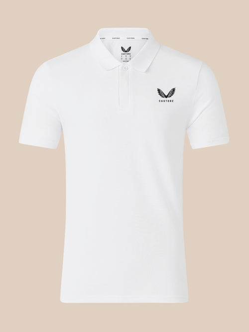 White short sleeve polo shirt with ribbed collar and subtle embroidered branding