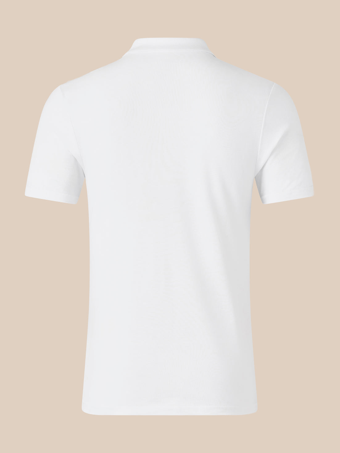 Back view of white men's short sleeve polo shirt against a beige background