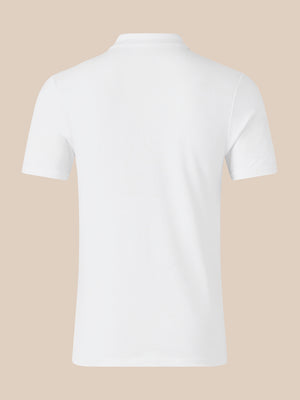 Back view of white men's short sleeve polo shirt against a beige background