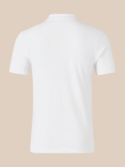 Back view of white men's short sleeve polo shirt against a beige background