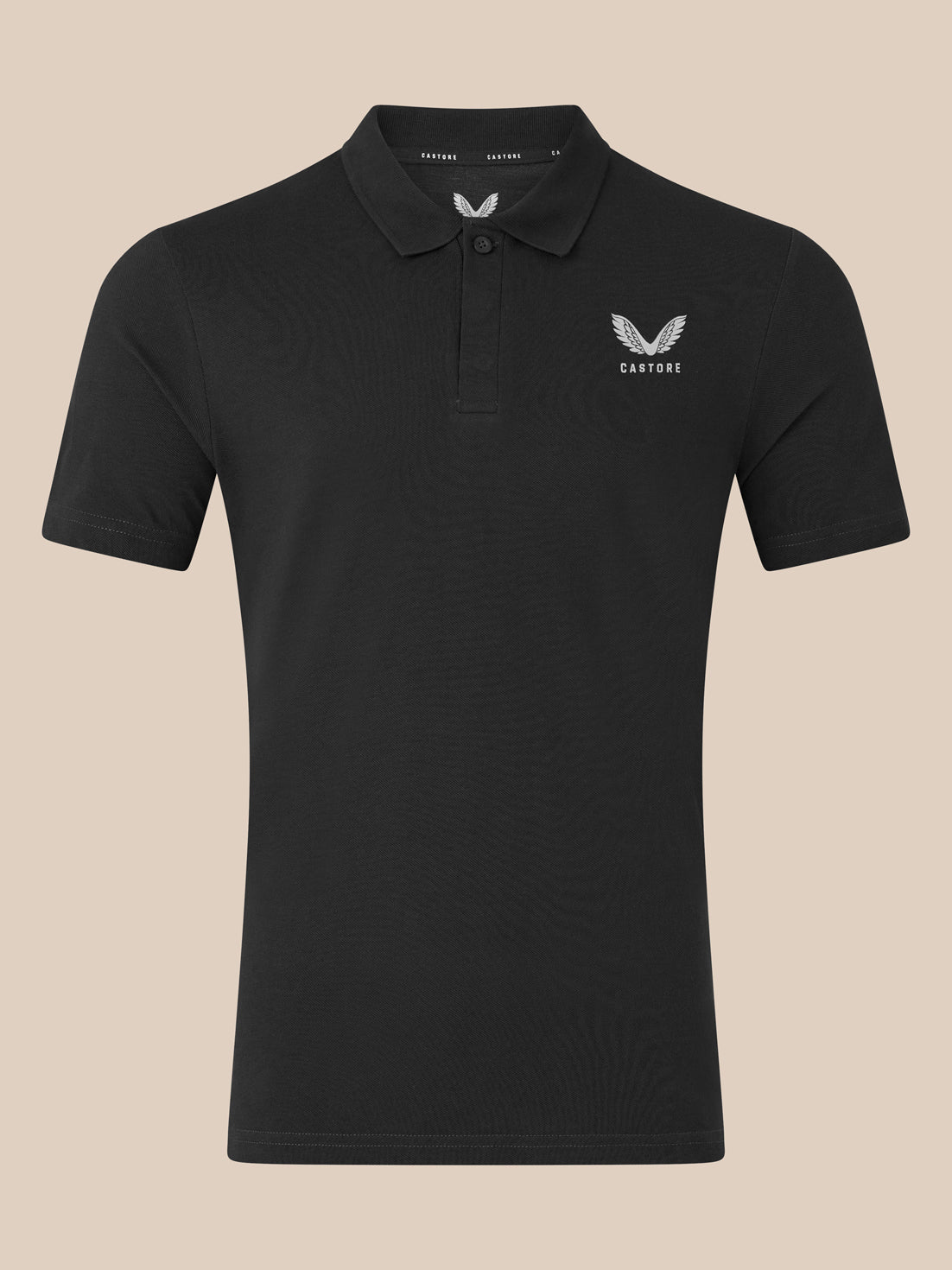 Black unisex cotton polo with embroidered winged CASTORE logo on the left chest and ribbed collar