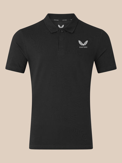 Black unisex cotton polo with embroidered winged CASTORE logo on the left chest and ribbed collar
