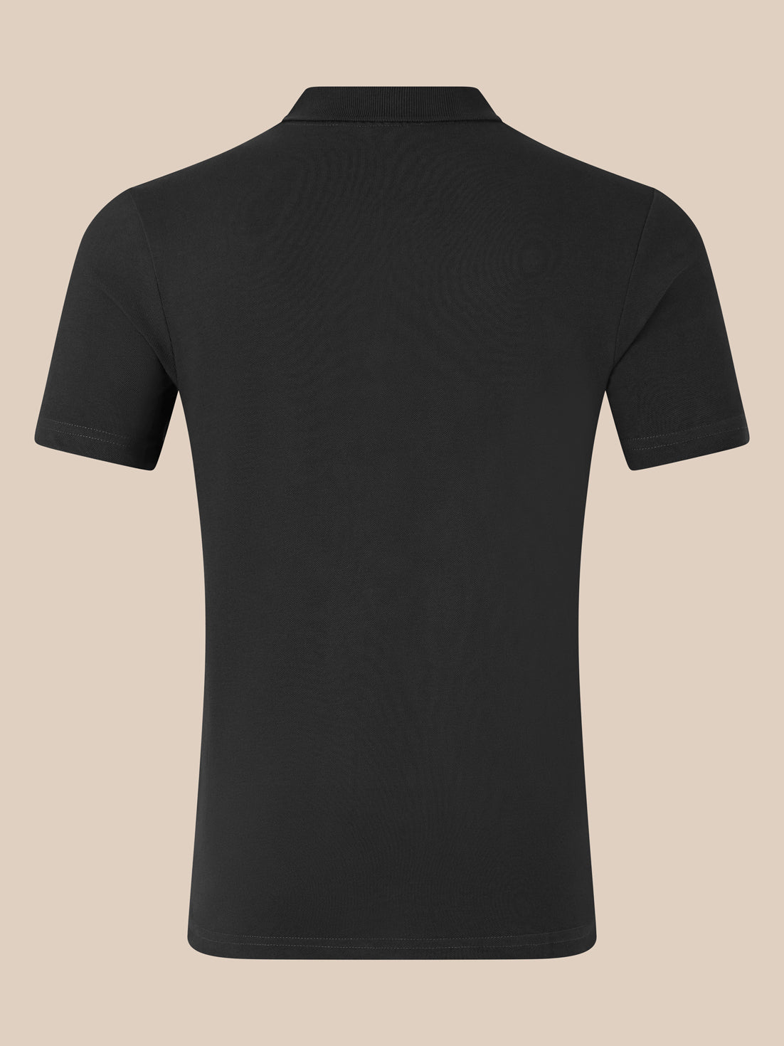 Back view of black unisex cotton polo with short sleeves and classic collar