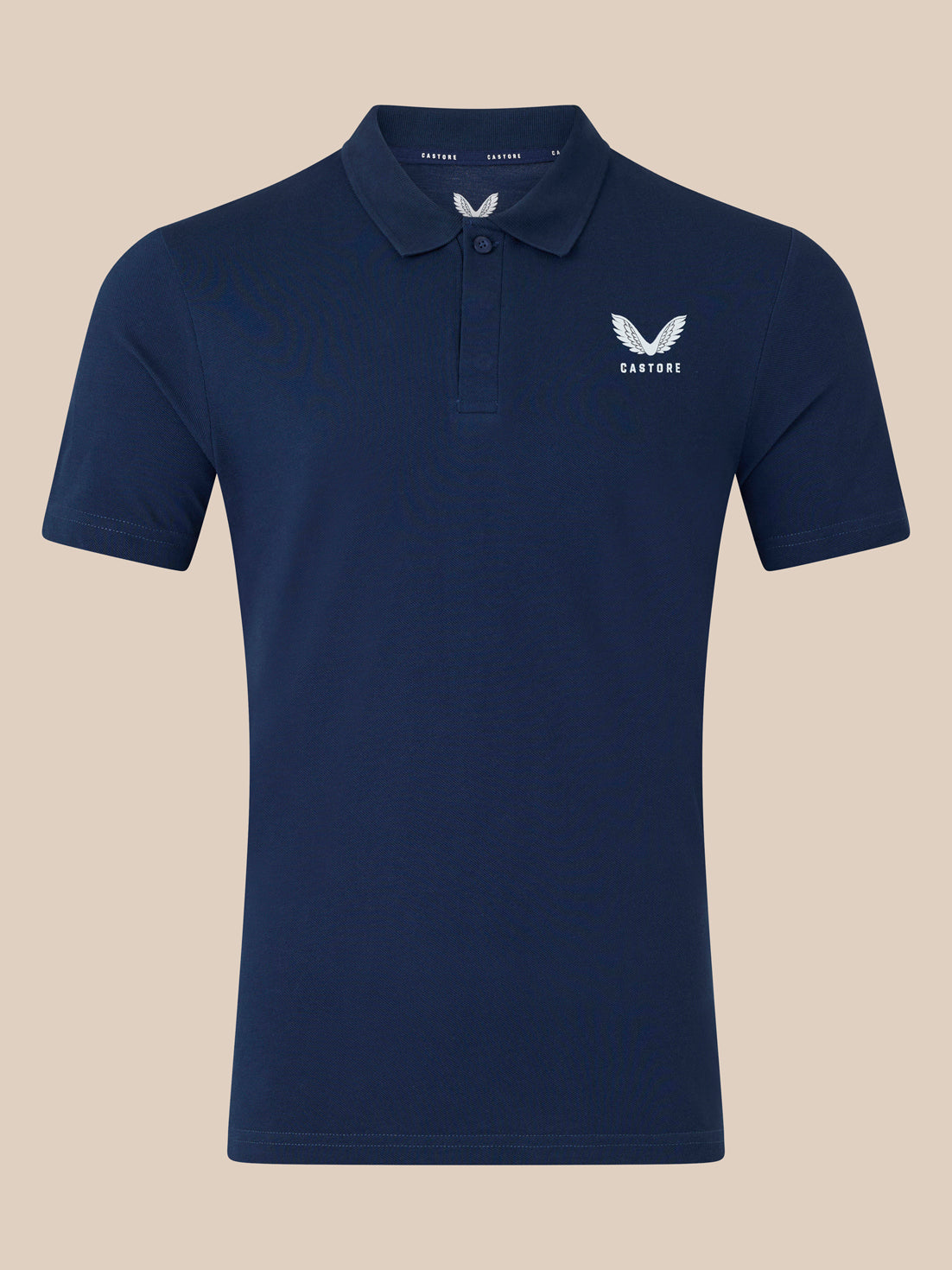 Navy short sleeve polo with white Castore wing logo on the left chest