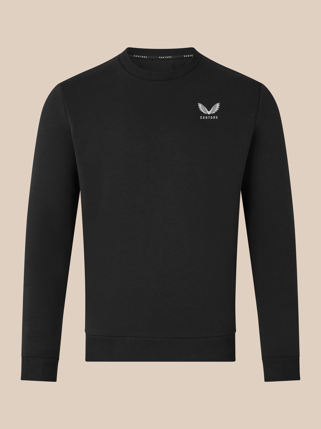 Front view of black crewneck sweatshirt with small white wing logo on left chest