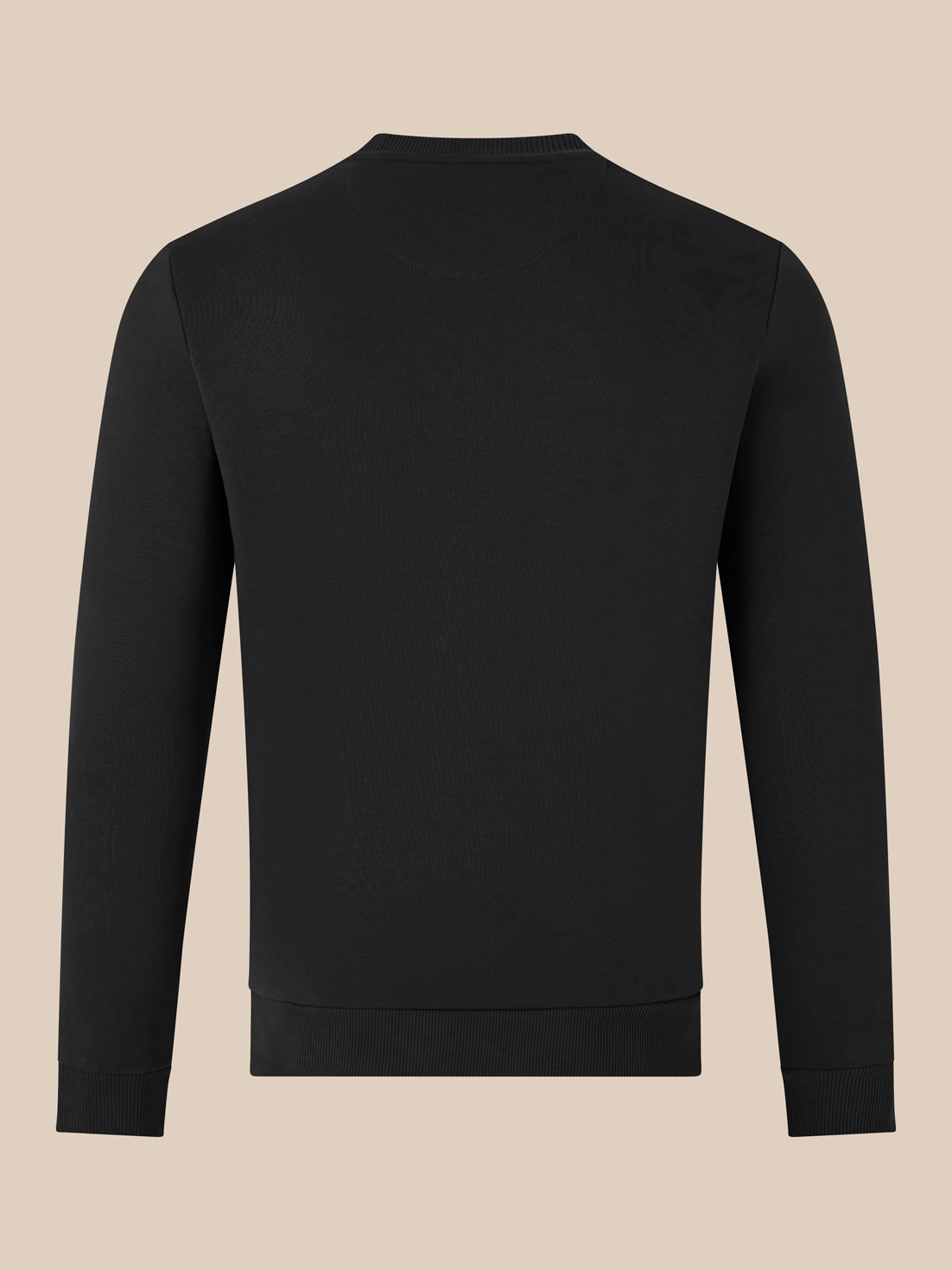 Back view of black crewneck sweatshirt with ribbed cuffs and hem