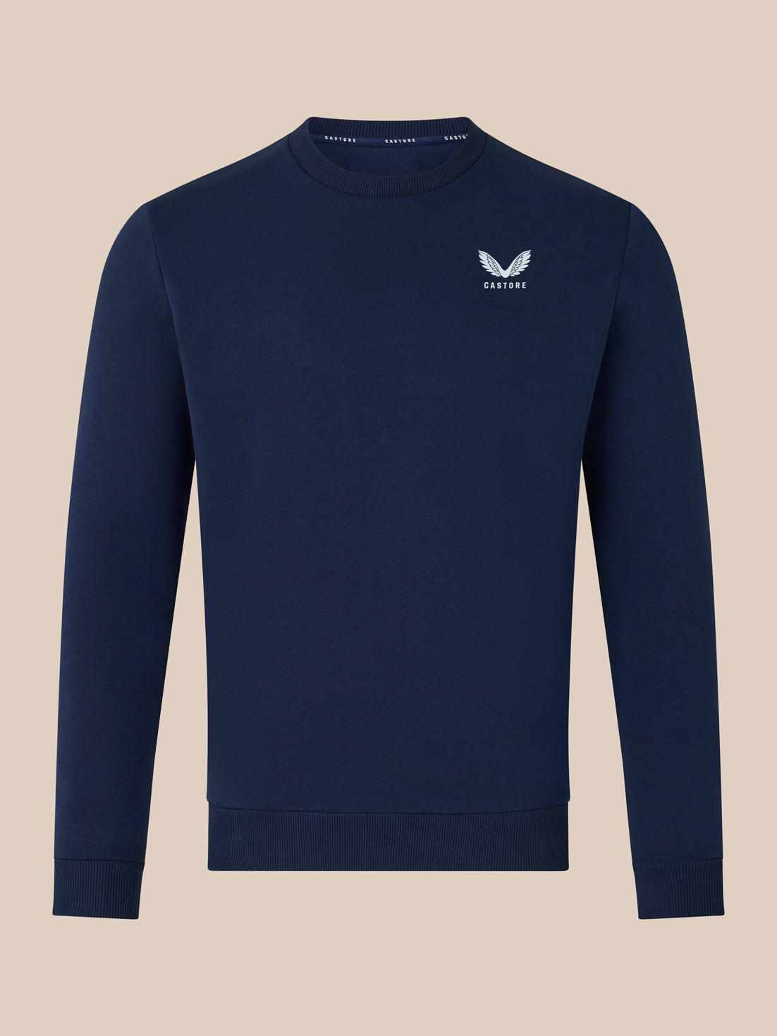 Navy Crewneck Sweatshirt front view with small white wing logo on the chest