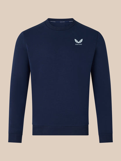 Navy Crewneck Sweatshirt front view with small white wing logo on the chest