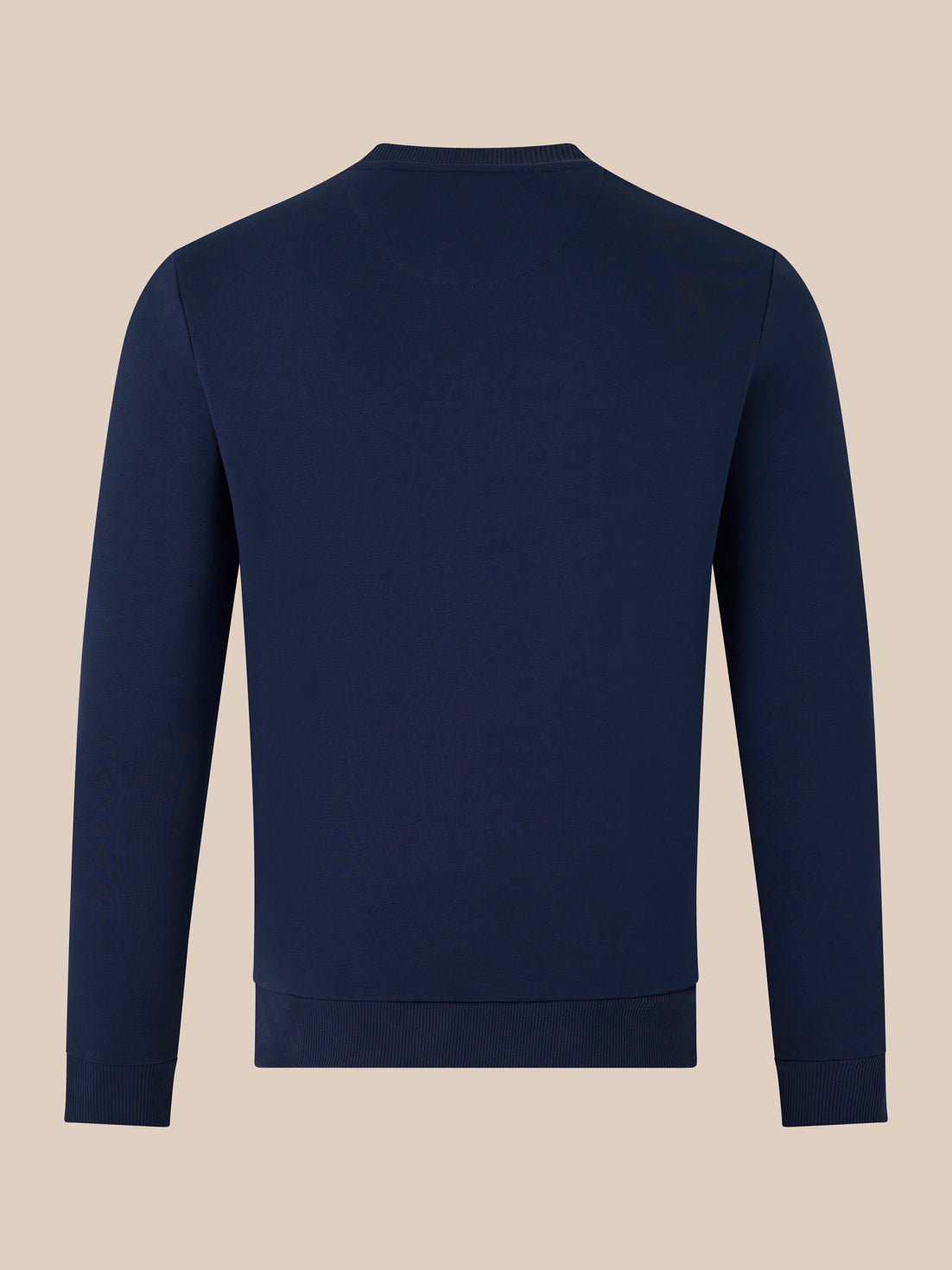 Navy Crewneck Sweatshirt back view showing plain back with ribbed hem