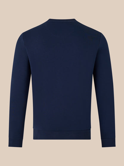 Navy Crewneck Sweatshirt back view showing plain back with ribbed hem