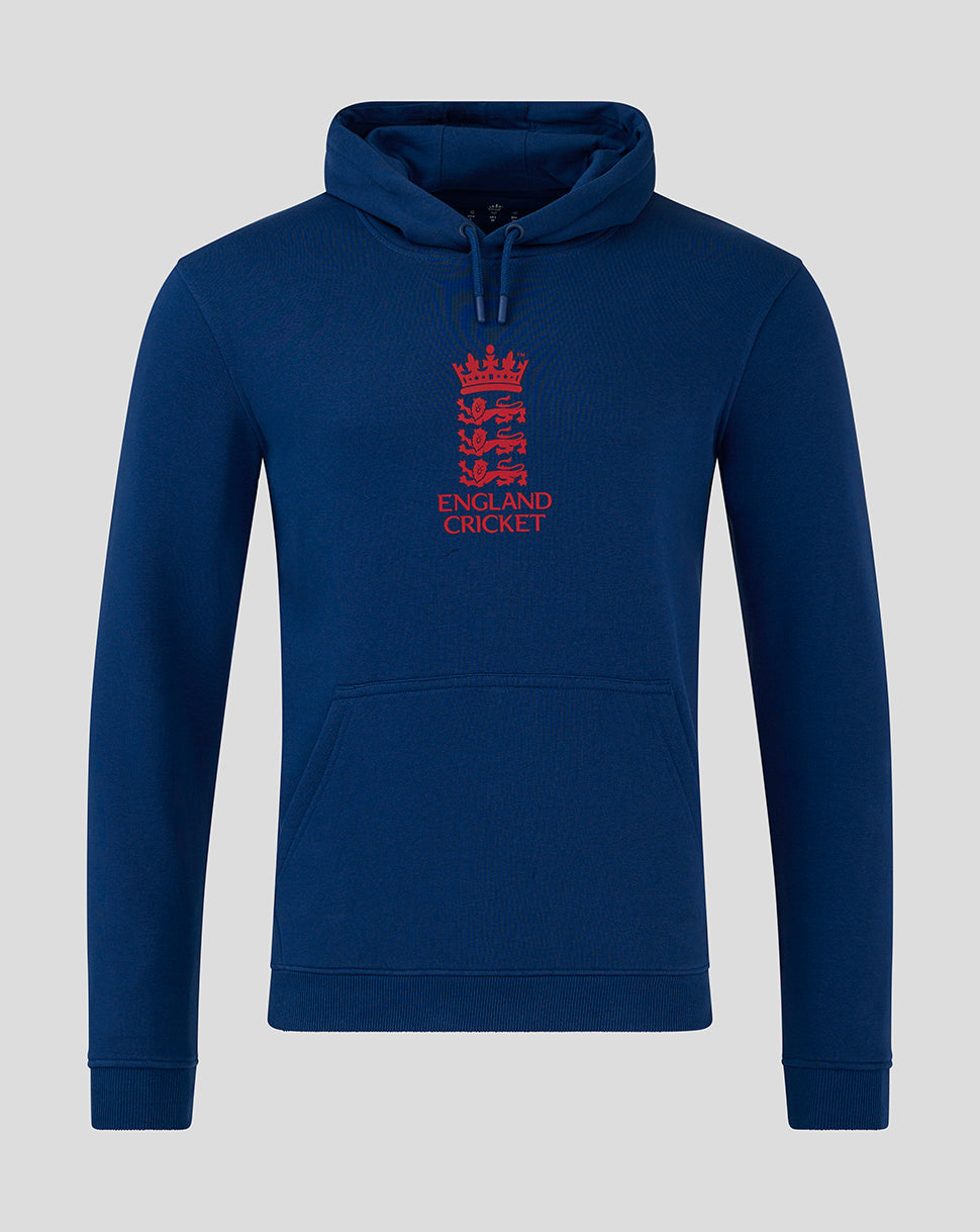 Navy England Cricket hoodie with red crest on the chest, drawstring hood and front pouch pocket.