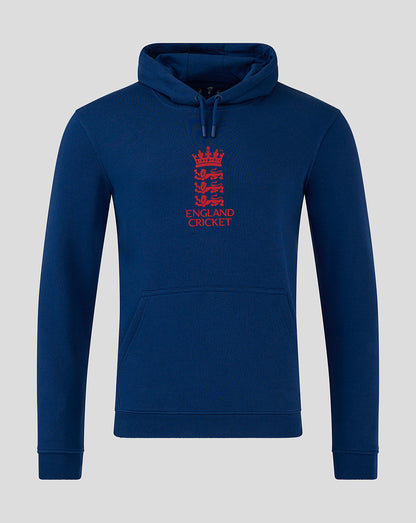 Navy England Cricket hoodie with red crest on the chest, drawstring hood and front pouch pocket.
