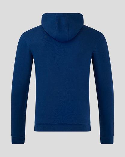 Back view of navy England cricket core overhead hoodie with hood up