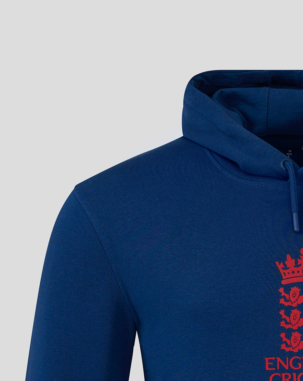 Navy England cricket core overhead hoodie close up of shoulder and hood with a partial red crest