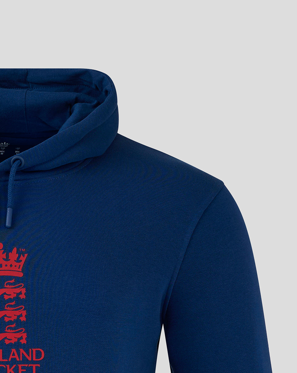 Close-up view of navy England Cricket hoodie with red crest on the chest and a drawstring hood.