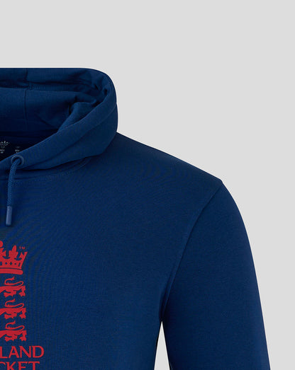Close-up view of navy England Cricket hoodie with red crest on the chest and a drawstring hood.