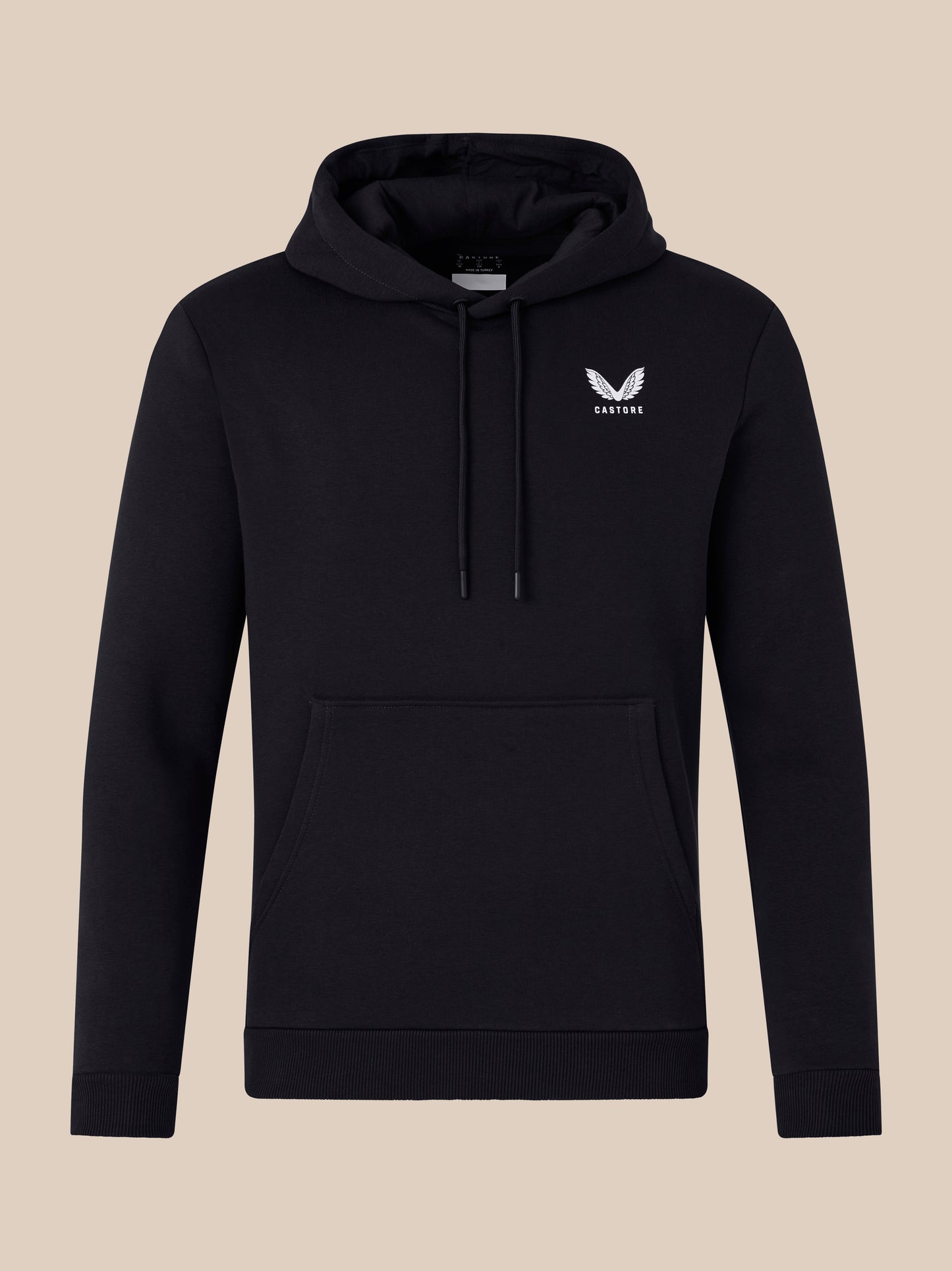 Front view of black men's lifestyle hoodie with white wing logo on the left chest and drawstring hood