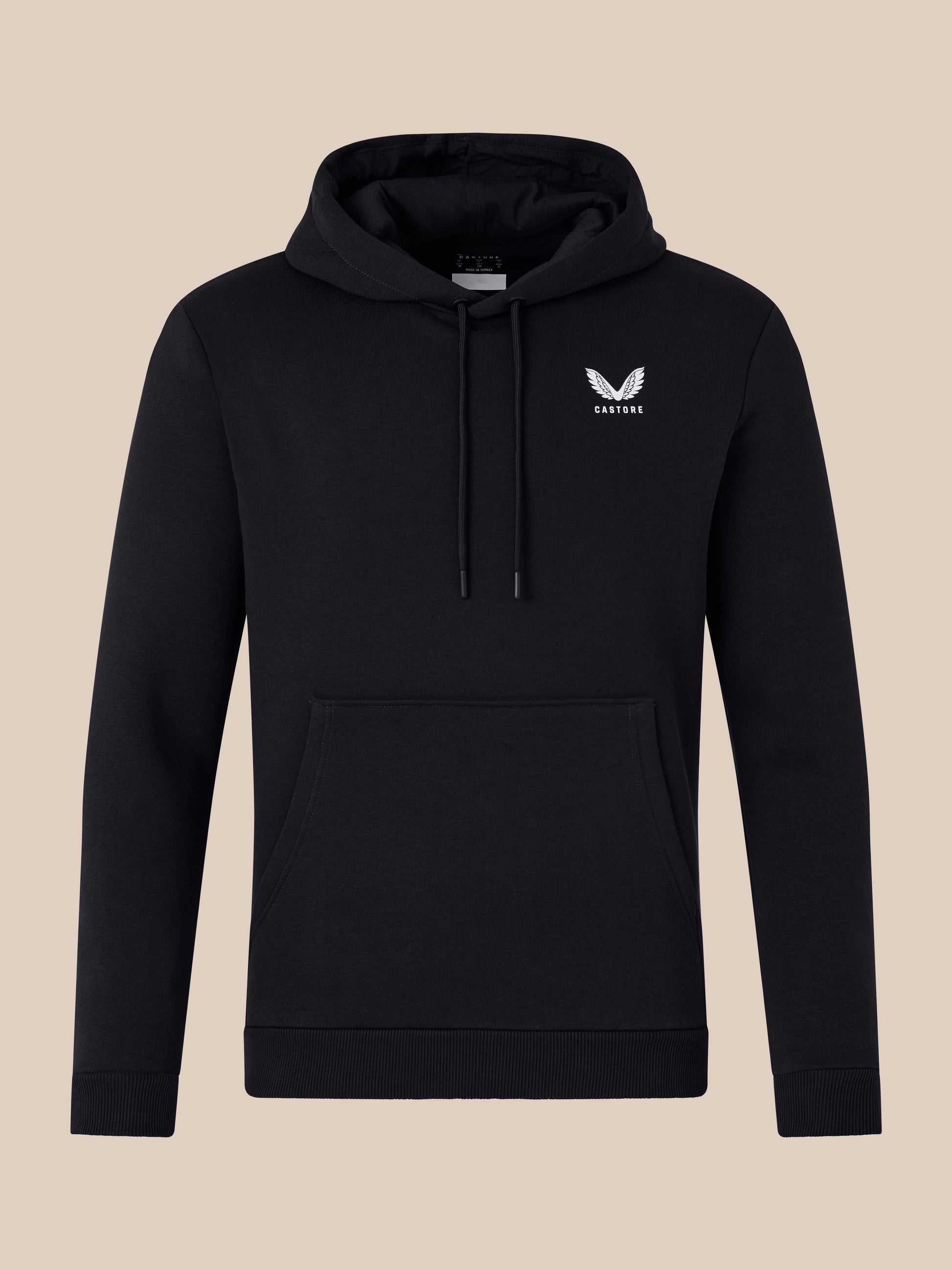 Front view of black men's lifestyle hoodie with white wing logo on the left chest and drawstring hood