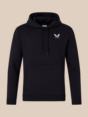 Front view of black men's lifestyle hoodie with white wing logo on the left chest and drawstring hood