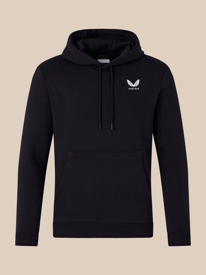 Front view of black men's lifestyle hoodie with white wing logo on the left chest and drawstring hood