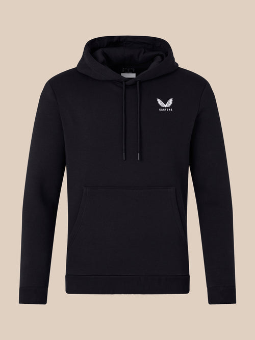 Front view of black men's lifestyle hoodie with white wing logo on the left chest and drawstring hood