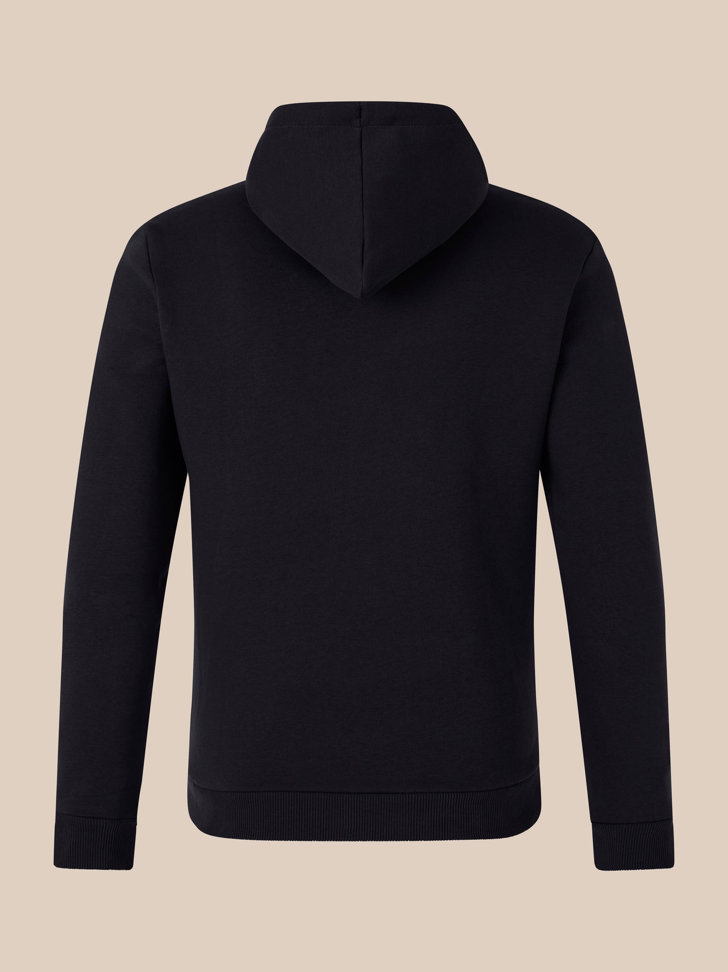 Back view of black hoodie with hood up against a beige background
