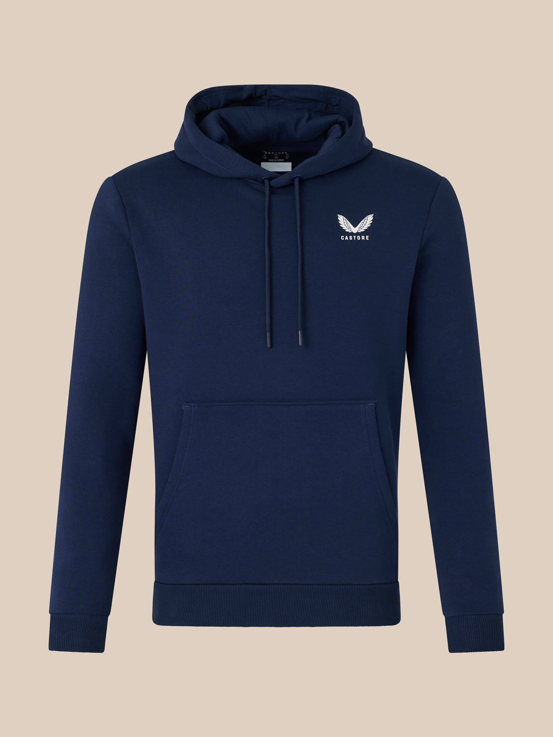 Navy lifestyle hoodie with drawstring hood and front kangaroo pocket, featuring a small left chest logo.